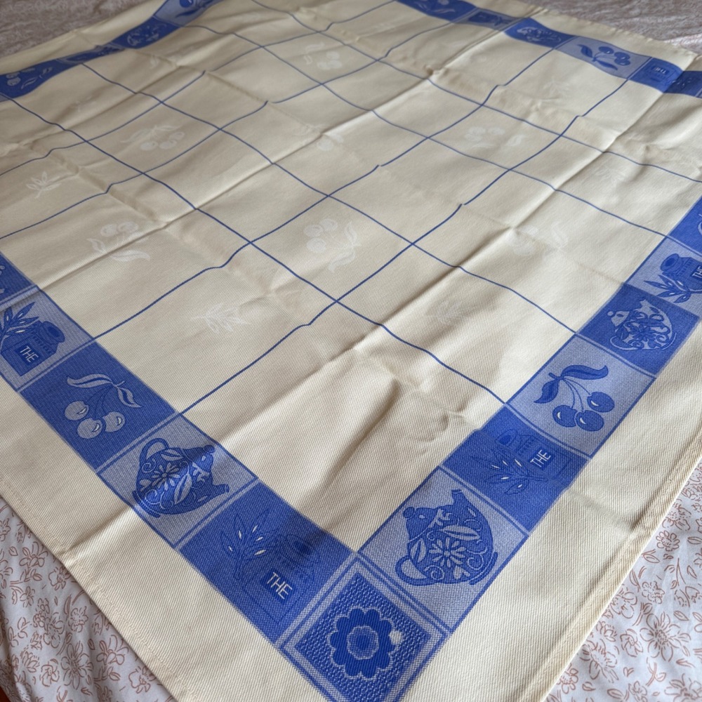 Vintage Blue Cream Cotton Tablecloth Teapot Cherry French Country 38x37